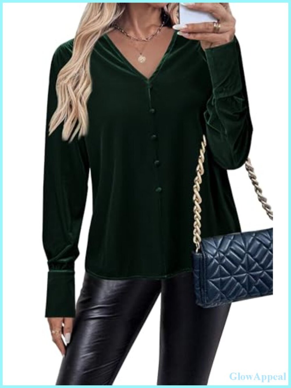 Velvet Button Down Blouse Long Sleeve Smocked V-Neck Dressy Casual Top